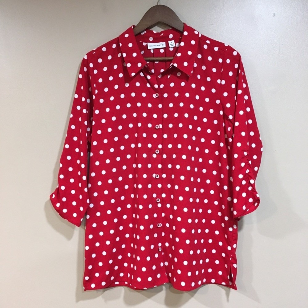 Susan Graver Polka Dot Button Down Blouse Womens M Red Retro Rockabilly Pinup